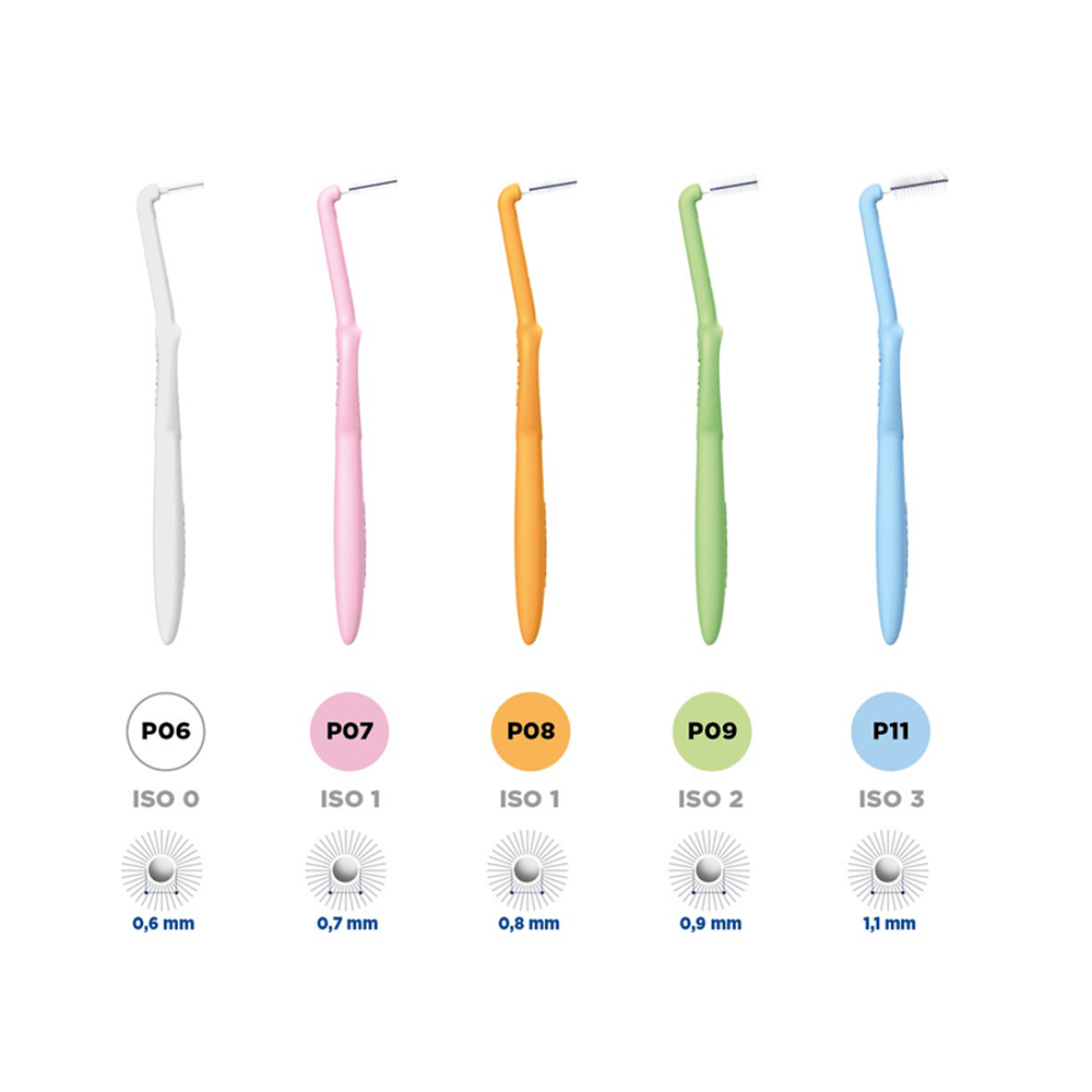 image of different sizes of angled interdental brushes from the Curasept Proxi Prevention line