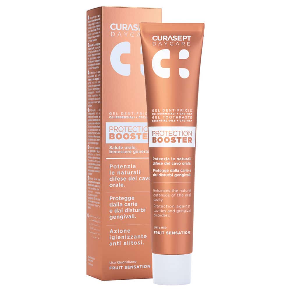 toothpaste and pack Curasept Daycare Protection Booster fruit sensation flavour