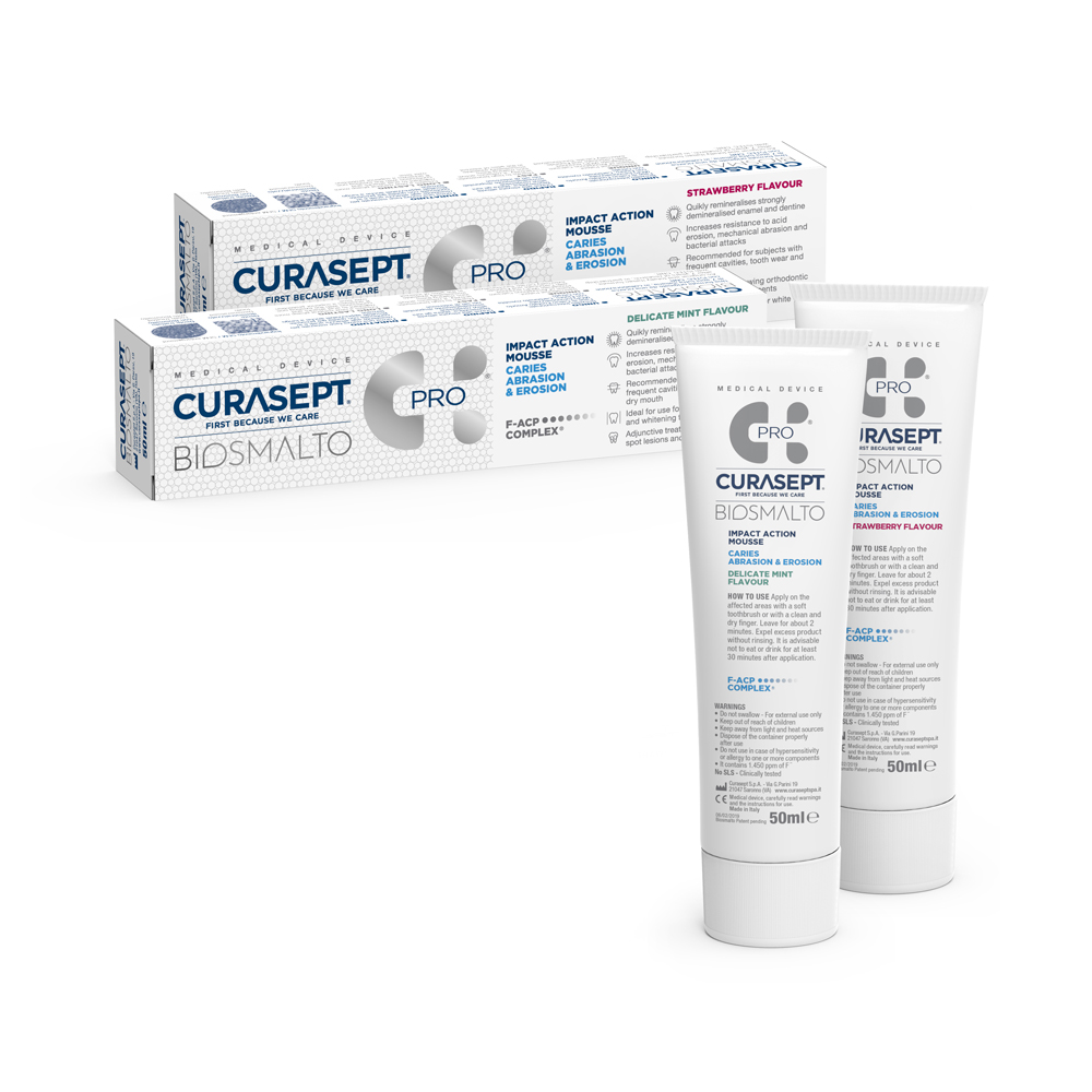 at home strong action mousse and pack Curasept Biosmalto Caries Abrasion Erosion mint and strawberry flavours