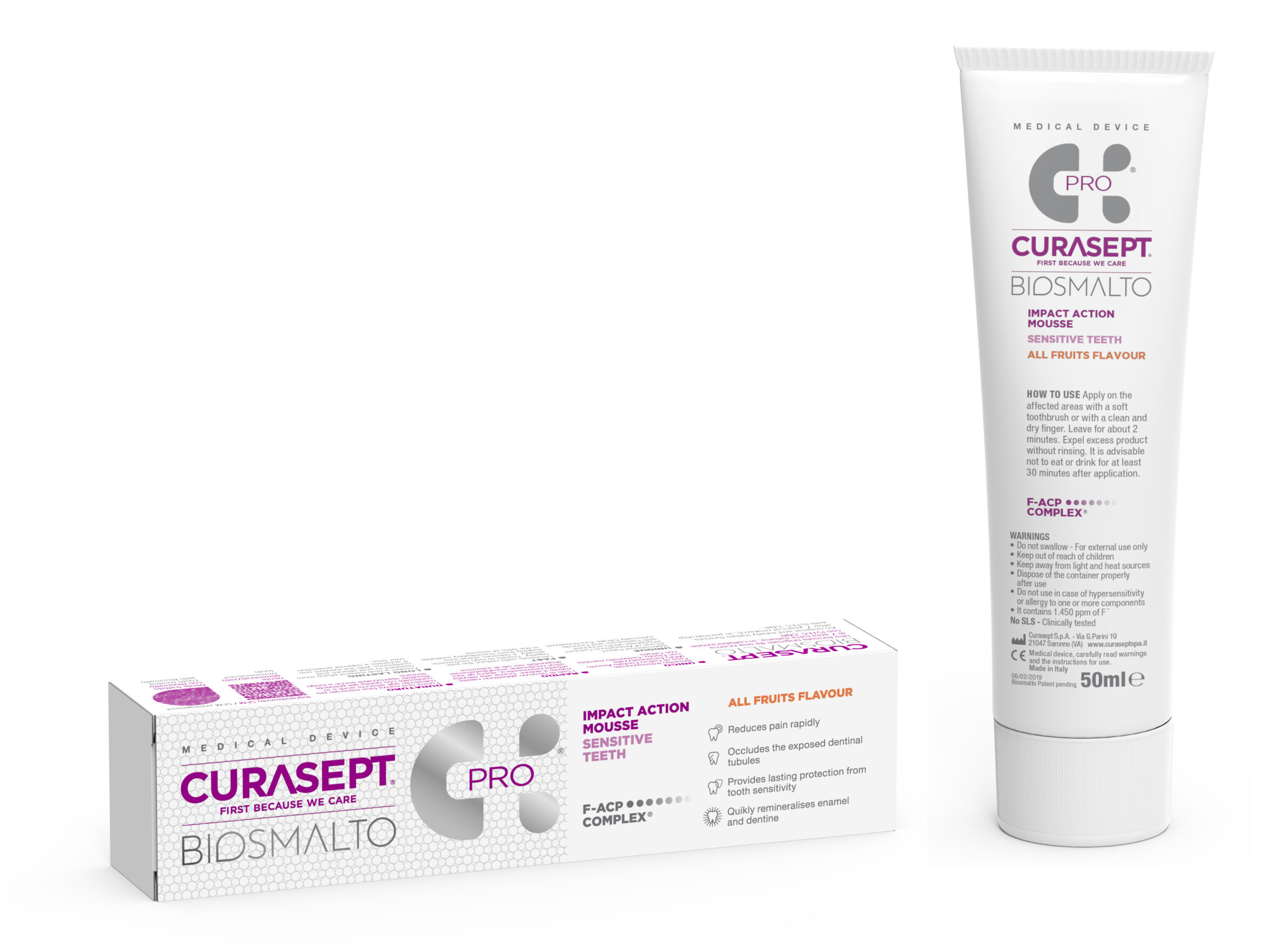 strong action mousse for home use and pack Curasept Biosmalto Sensitive Teeth