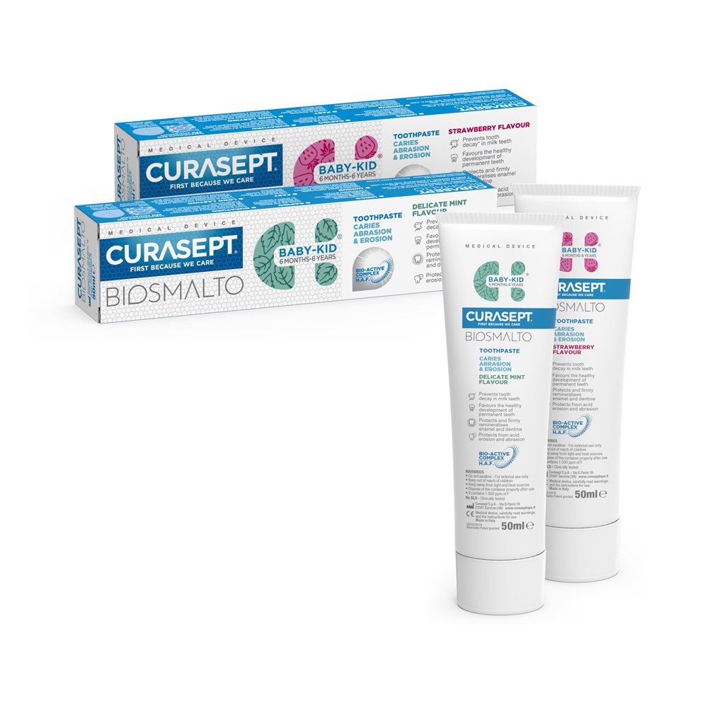 Toothpastes and packaging Curasept Biosmalto Baby Kid 6 months- 6 years strawberry and mint flavour
