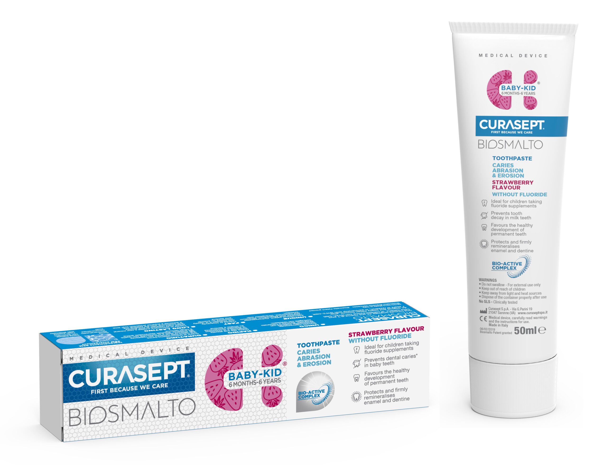 toothpaste and pack Curasept Biosmalto Caries Abrasion Erosion Baby Without Fluoride Strawberry Flavour