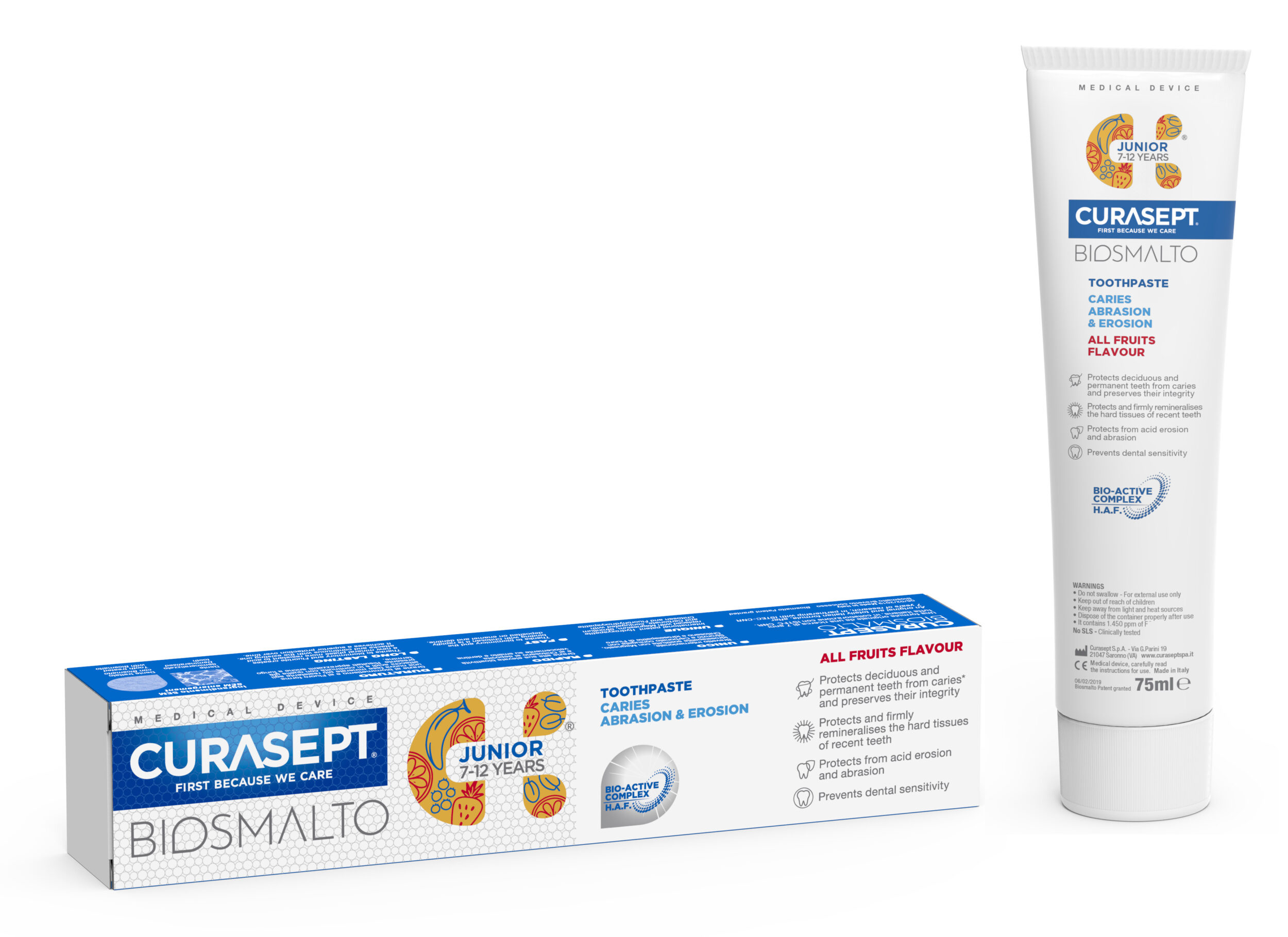 toothpaste and pack Curasept Biosmalto junior all fruit flavour