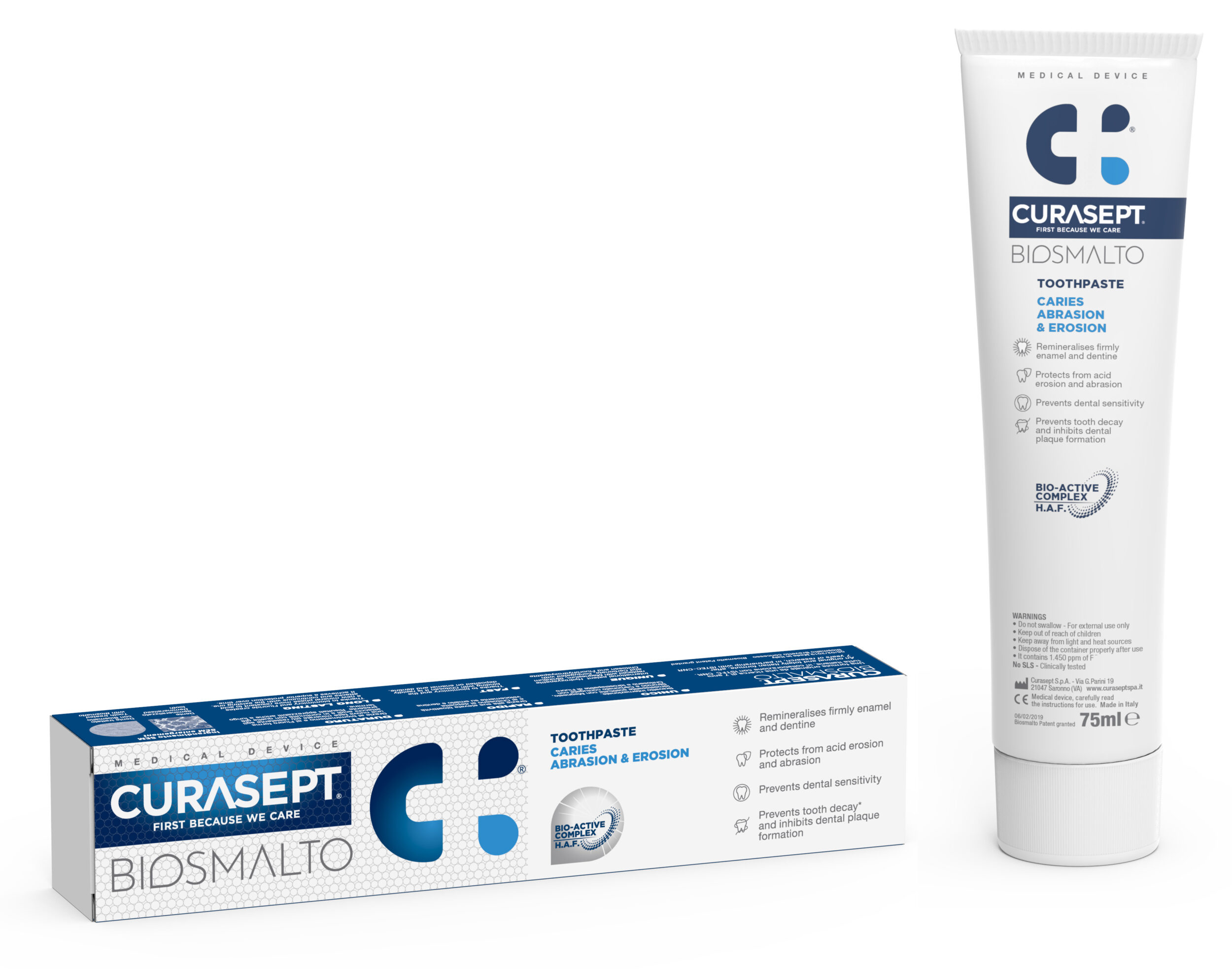 toothpaste and pack Curasept Biosmalto Caries Abrasion Erosion
